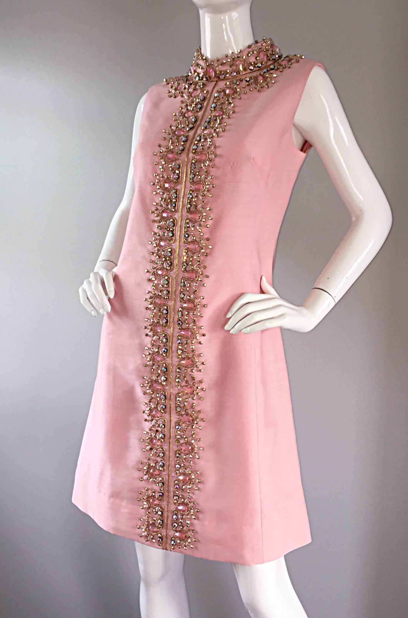 1960s Pink Silk Beaded + Rhinestone + Sequin Vintage 60s A - Line Jeweled Dress 1