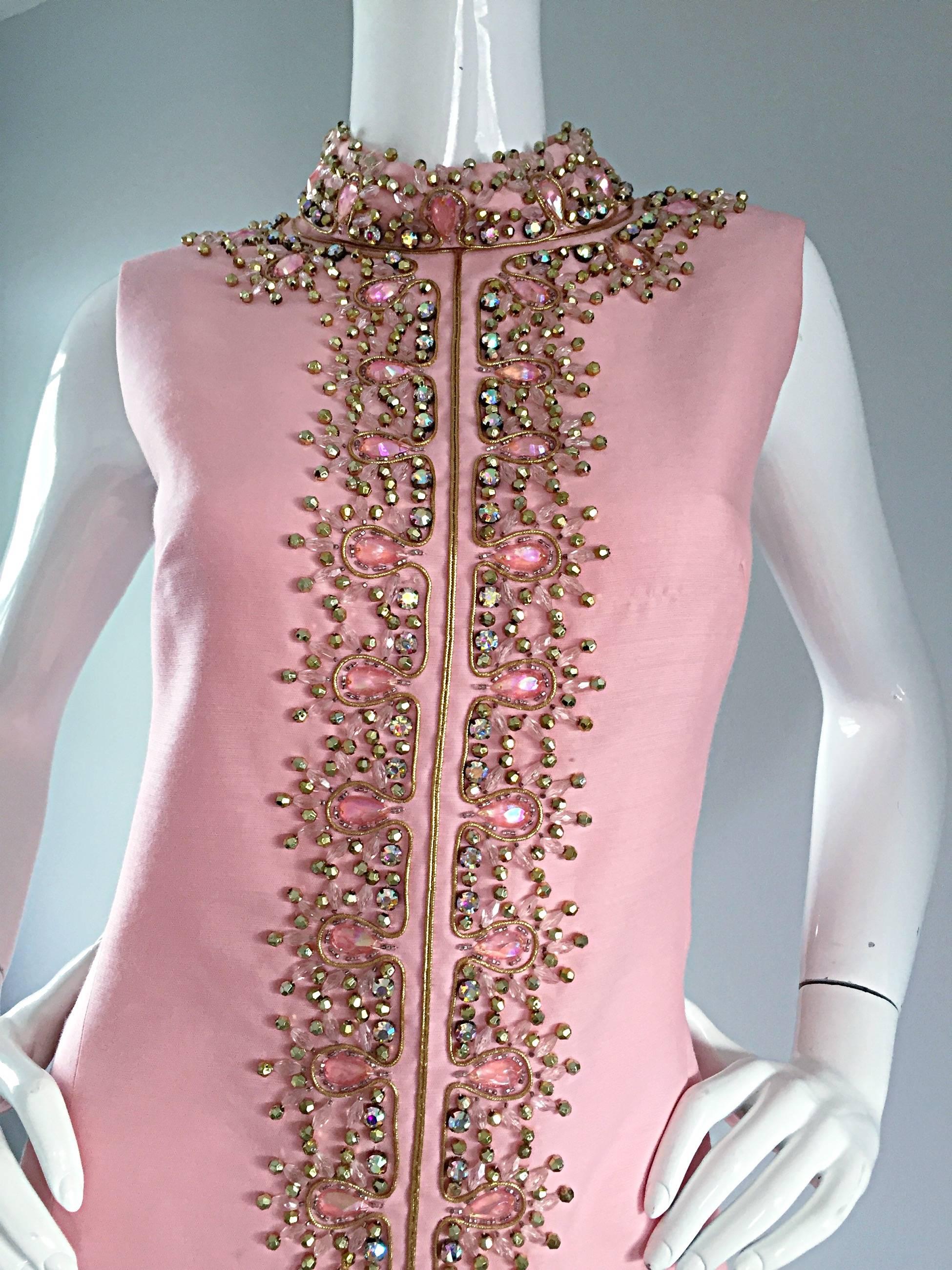 1960s Pink Silk Beaded + Rhinestone + Sequin Vintage 60s A - Line Jeweled Dress In Excellent Condition In San Diego, CA