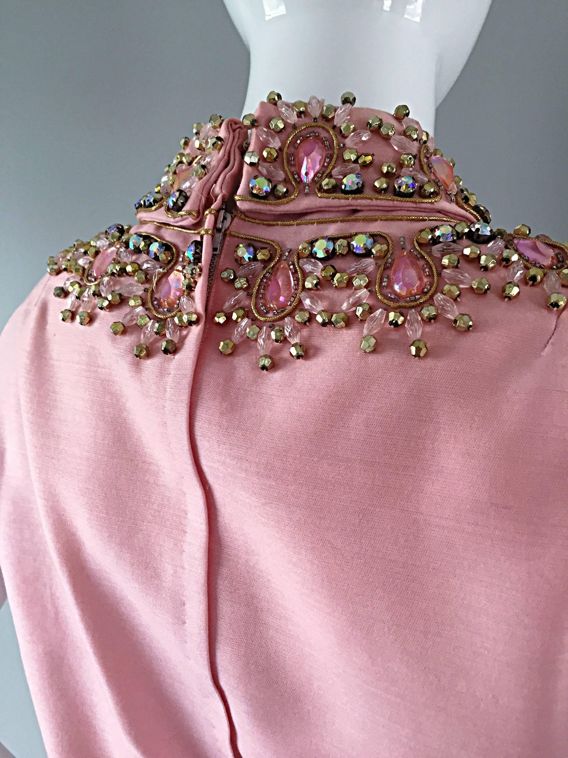 1960s Pink Silk Beaded + Rhinestone + Sequin Vintage 60s A - Line Jeweled Dress 3