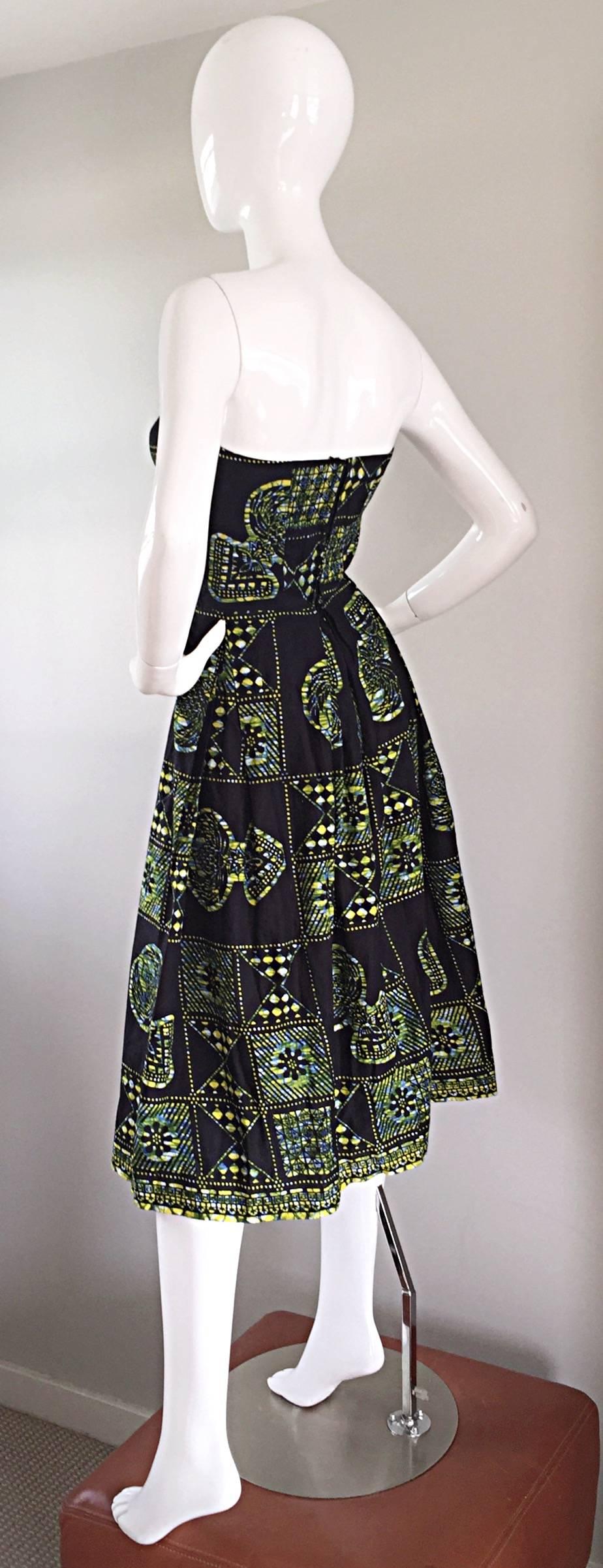 Black 1950s Strapless Navy Blue + Yellow Hawaiian Tribal Print Cotton Rockabilly Dress