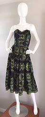 1950s Strapless Navy Blue + Yellow Hawaiian Tribal Print Cotton Rockabilly Dress