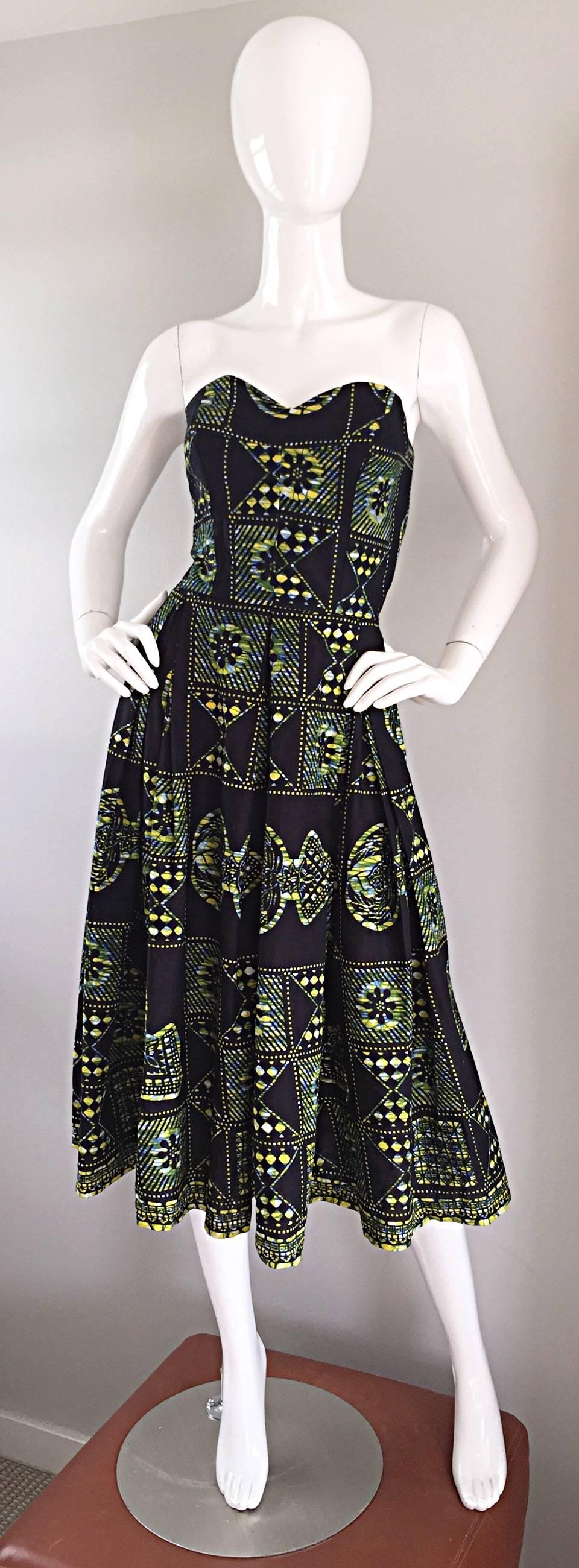 1950s Strapless Navy Blue + Yellow Hawaiian Tribal Print Cotton Rockabilly Dress 2