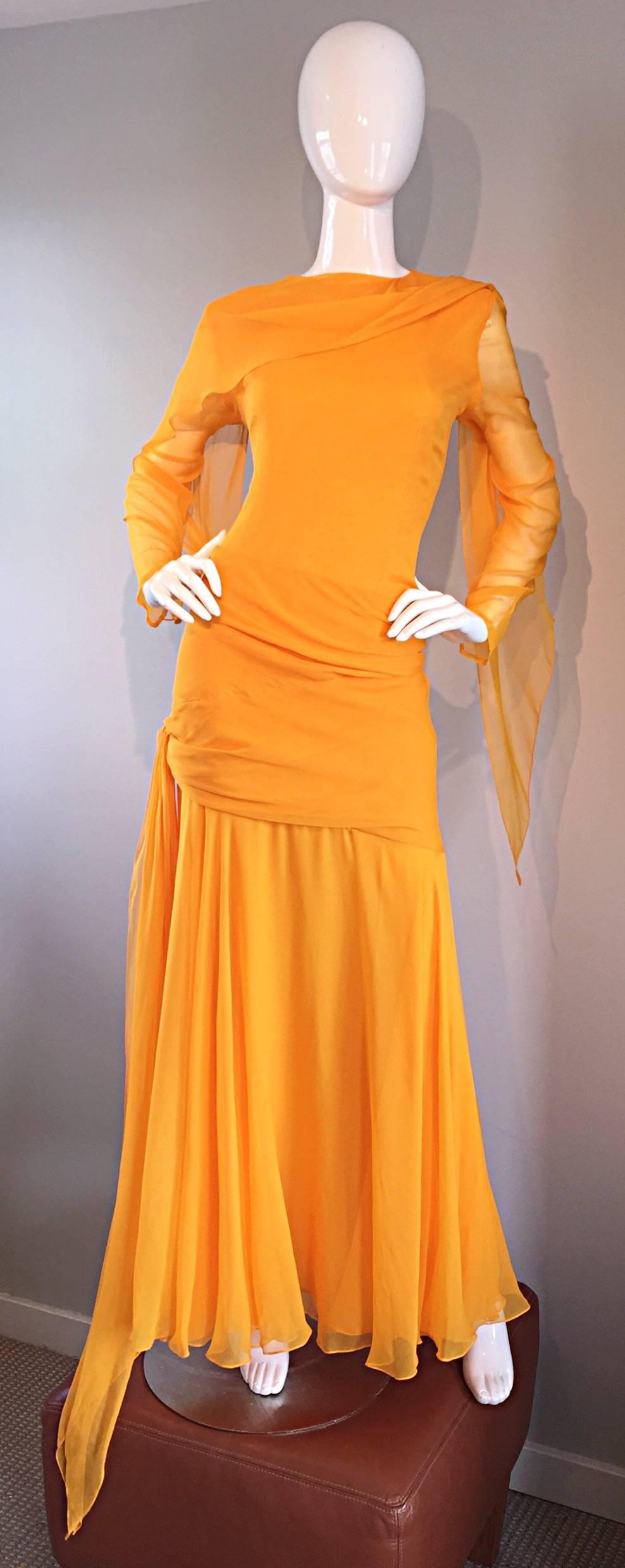 Sensational Vintage Bill Blass Marigold Yellow Silk Chiffon Gown / Dress Size 14 2