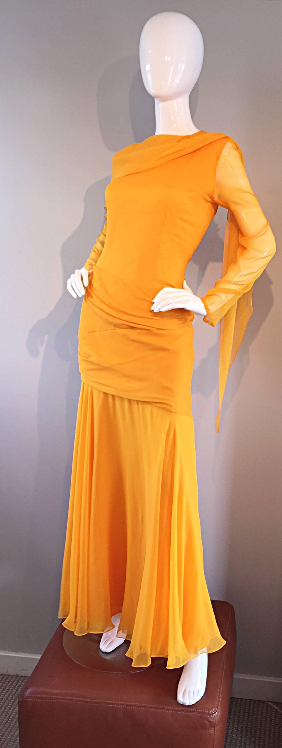 Women's Sensational Vintage Bill Blass Marigold Yellow Silk Chiffon Gown / Dress Size 14