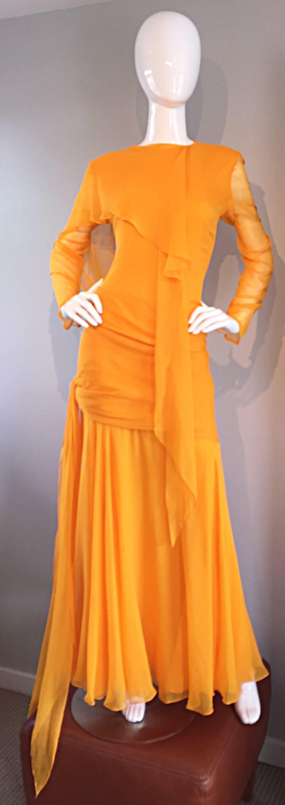 Sensational Vintage Bill Blass Marigold Yellow Silk Chiffon Gown / Dress Size 14 In Excellent Condition In San Diego, CA