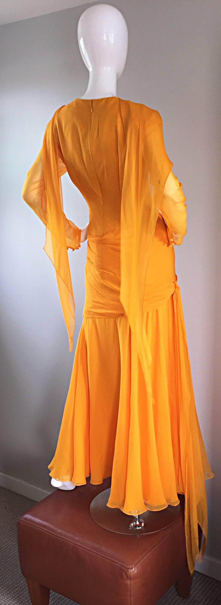 Sensational Vintage Bill Blass Marigold Yellow Silk Chiffon Gown / Dress Size 14 1