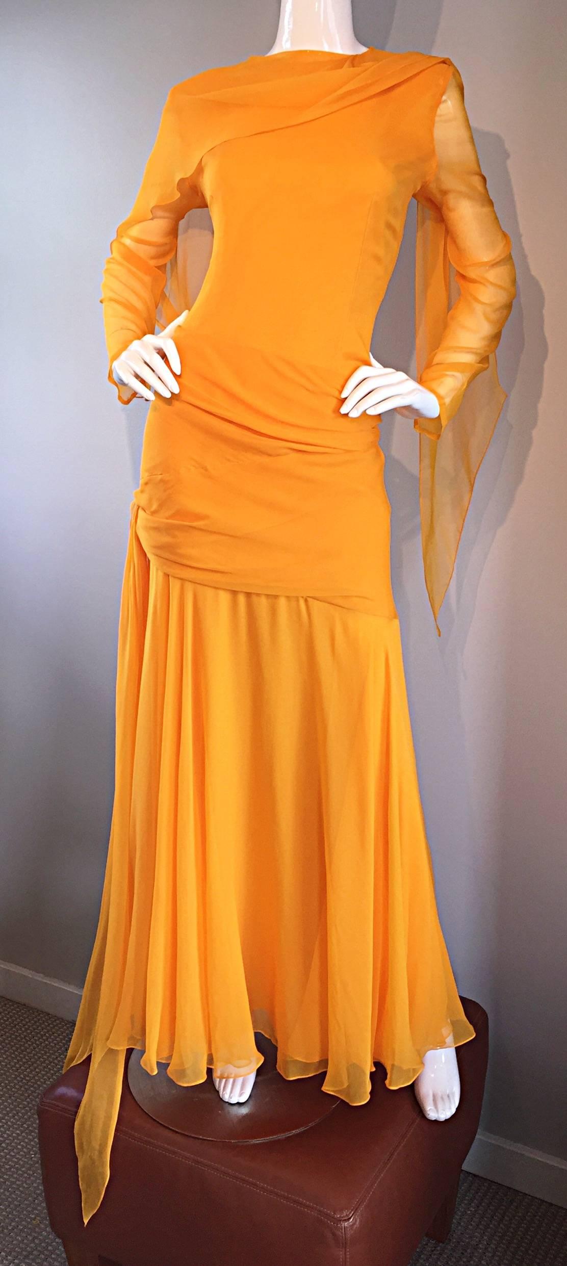 Sensational Vintage Bill Blass Marigold Yellow Silk Chiffon Gown / Dress Size 14 4