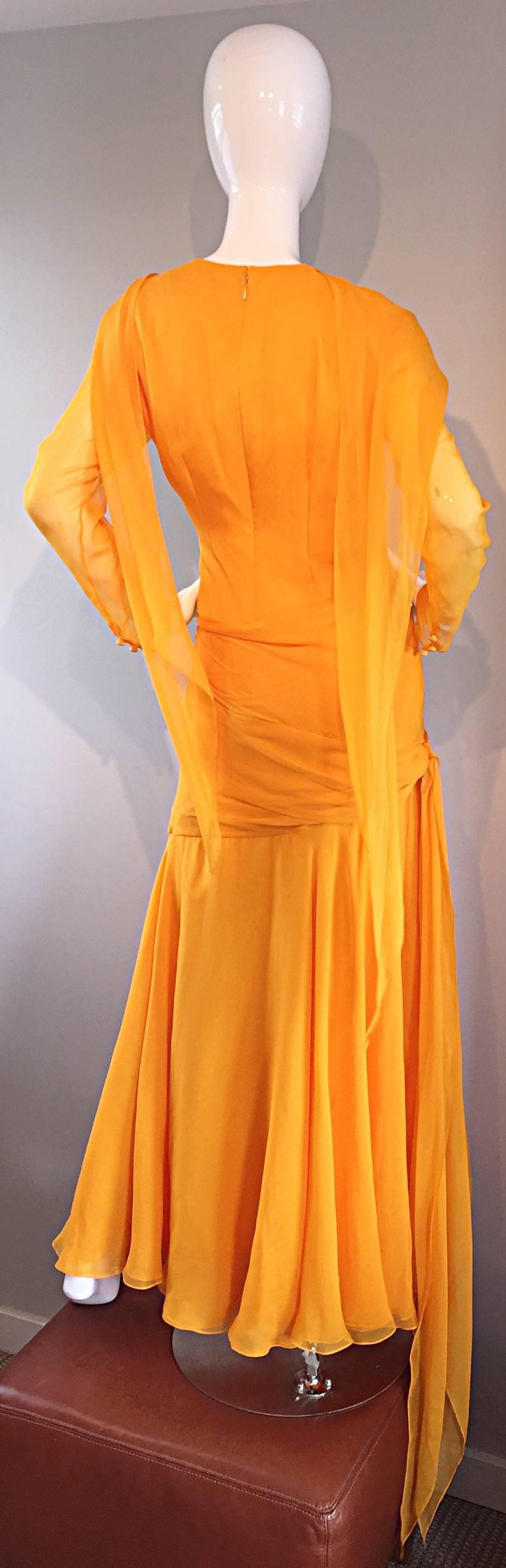 Sensational Vintage Bill Blass Marigold Yellow Silk Chiffon Gown / Dress Size 14 3