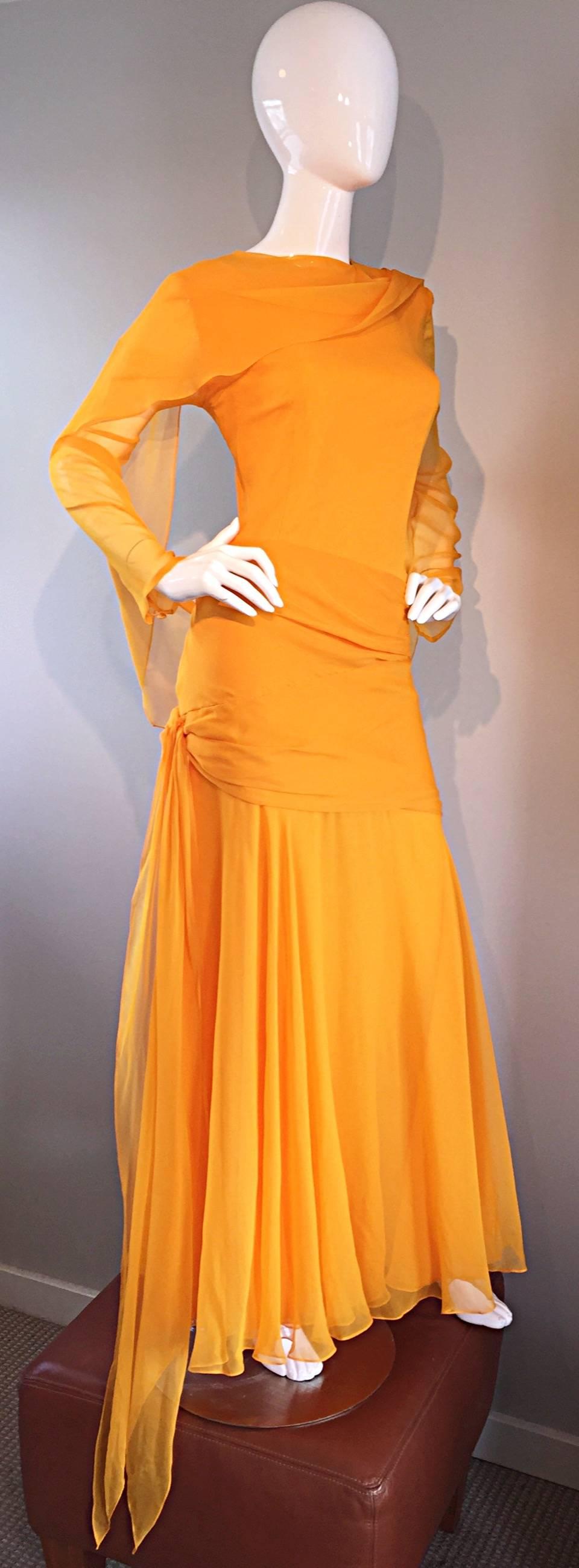 Orange Sensational Vintage Bill Blass Marigold Yellow Silk Chiffon Gown / Dress Size 14
