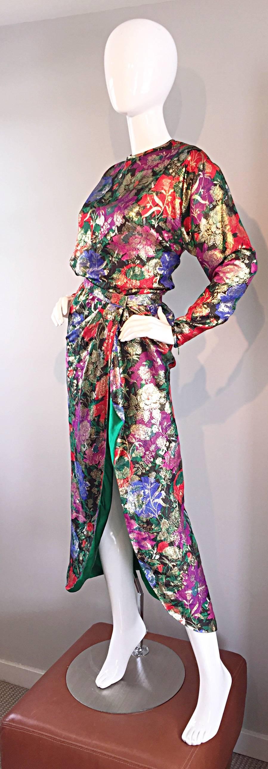 Gray Vintage Oscar de la Renta Silk Lame Beautiful Blouse + Skirt Dress Set Ensemble