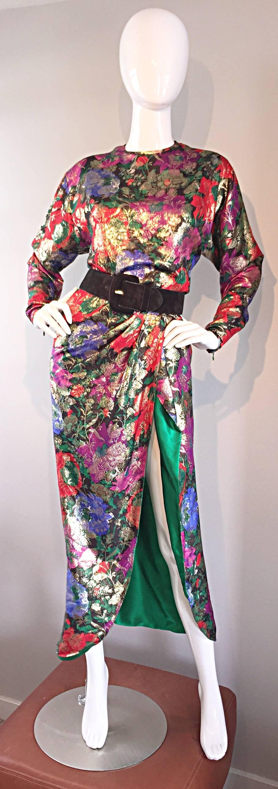 Vintage Oscar de la Renta Silk Lame Beautiful Blouse + Skirt Dress Set Ensemble In Excellent Condition In San Diego, CA