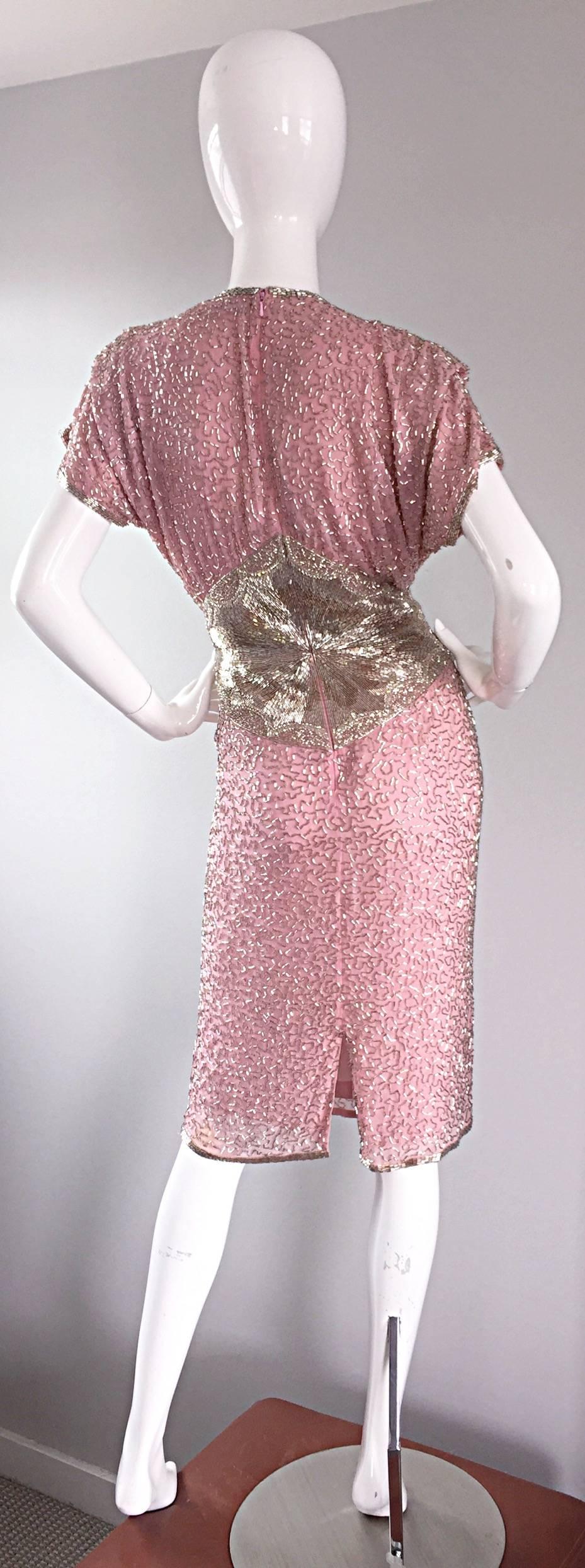 Gorgeous Vintage Oleg Cassini Pink + Silver Heavily Beaded Silk Dress  1