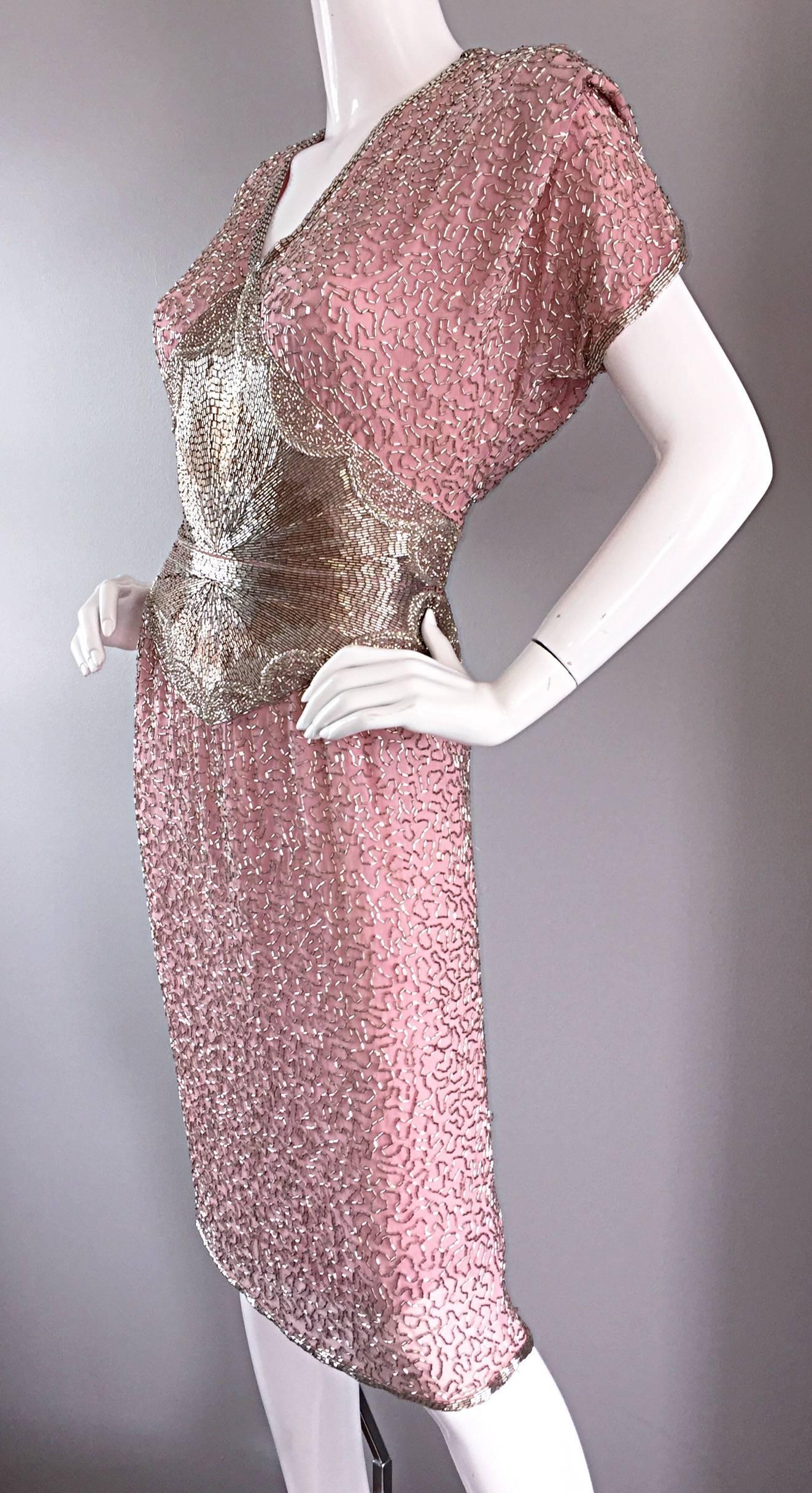Brown Gorgeous Vintage Oleg Cassini Pink + Silver Heavily Beaded Silk Dress 