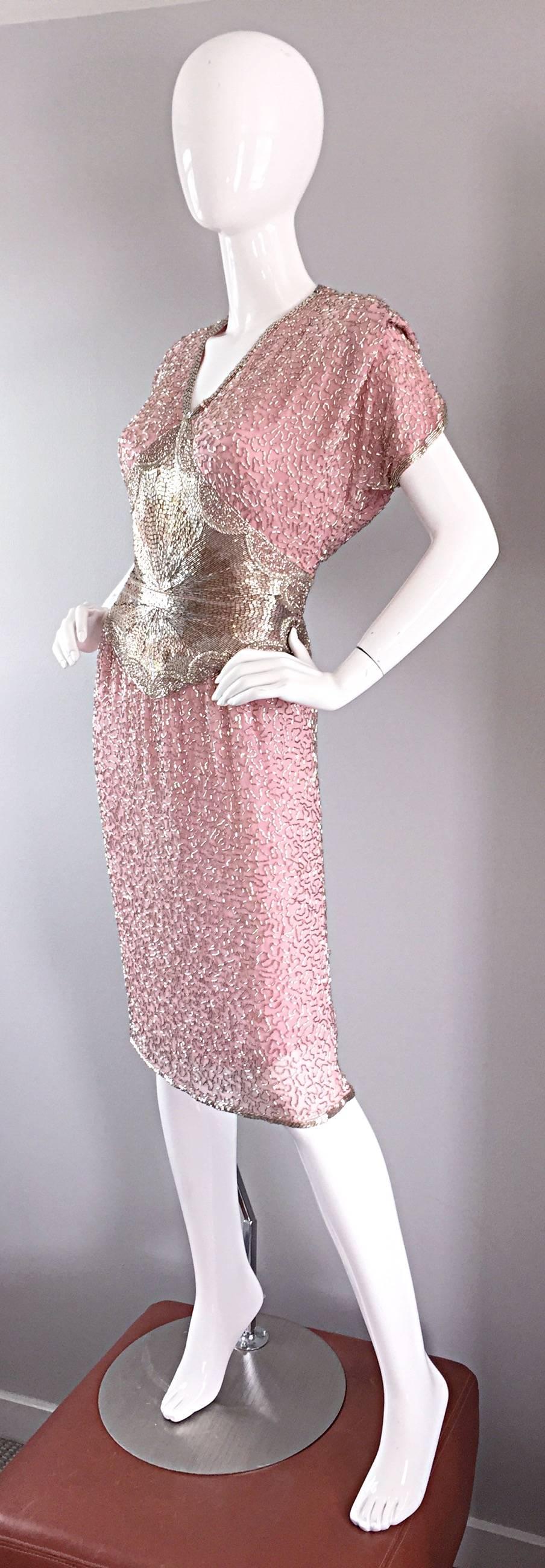 Women's Gorgeous Vintage Oleg Cassini Pink + Silver Heavily Beaded Silk Dress 