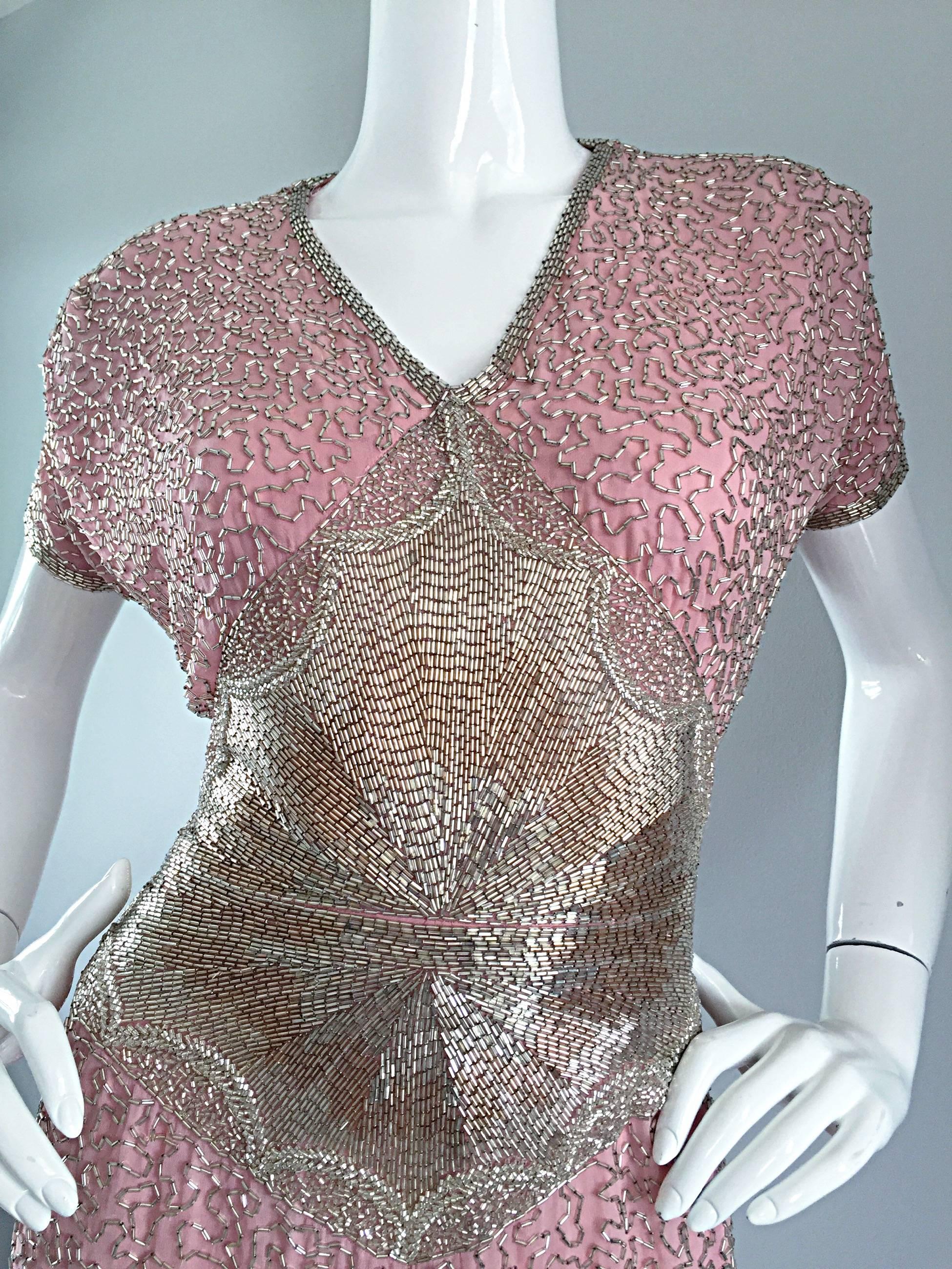 Gorgeous Vintage Oleg Cassini Pink + Silver Heavily Beaded Silk Dress  In Excellent Condition In San Diego, CA