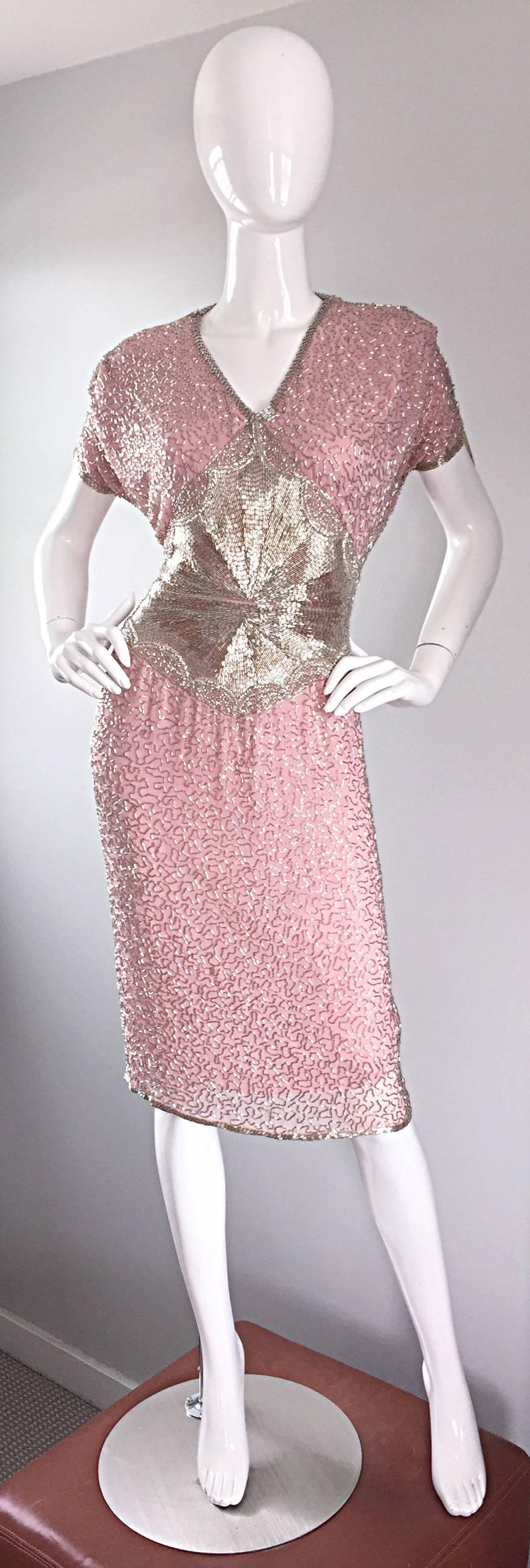 Gorgeous Vintage Oleg Cassini Pink + Silver Heavily Beaded Silk Dress  2