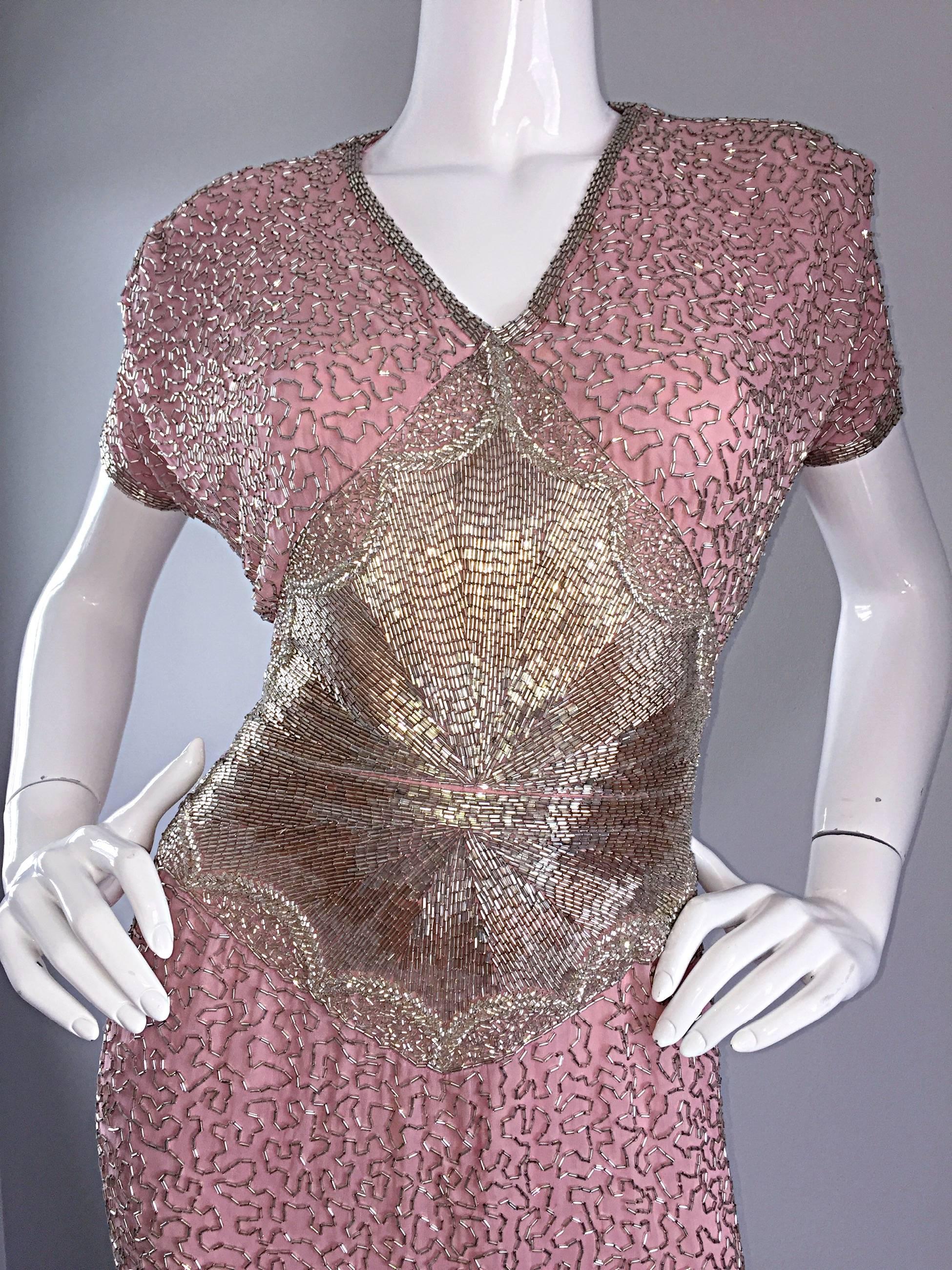 Gorgeous Vintage Oleg Cassini Pink + Silver Heavily Beaded Silk Dress  3