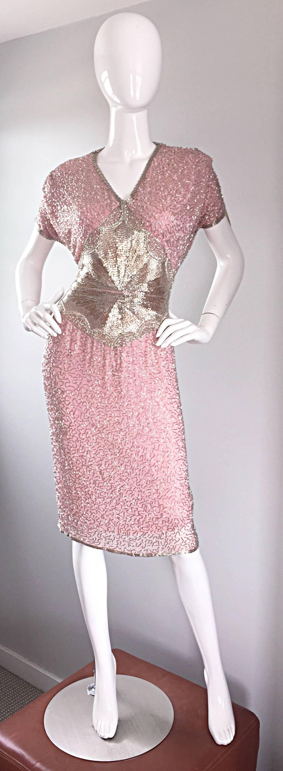 Gorgeous Vintage Oleg Cassini Pink + Silver Heavily Beaded Silk Dress  4