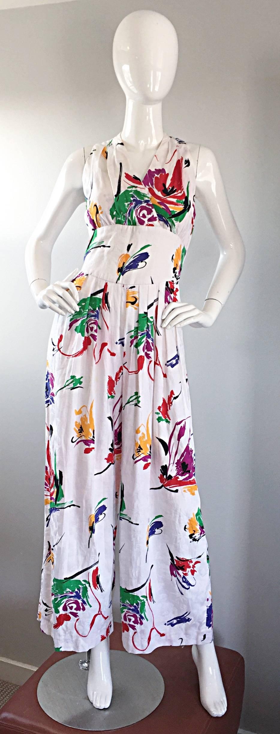 Vintage Ronnie Heller for Bullocks Wilshire White Cotton ' Splatter ' Jumpsuit In Excellent Condition In San Diego, CA