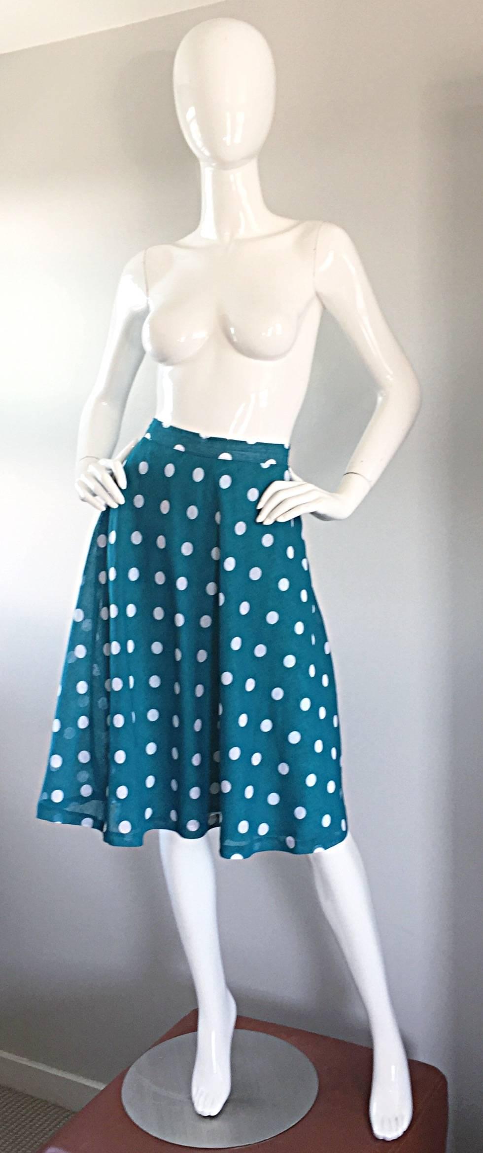 1950s Turquoise Blue + White Polka Dot Full Vintage 50s Cotton Voile Skirt  For Sale 2