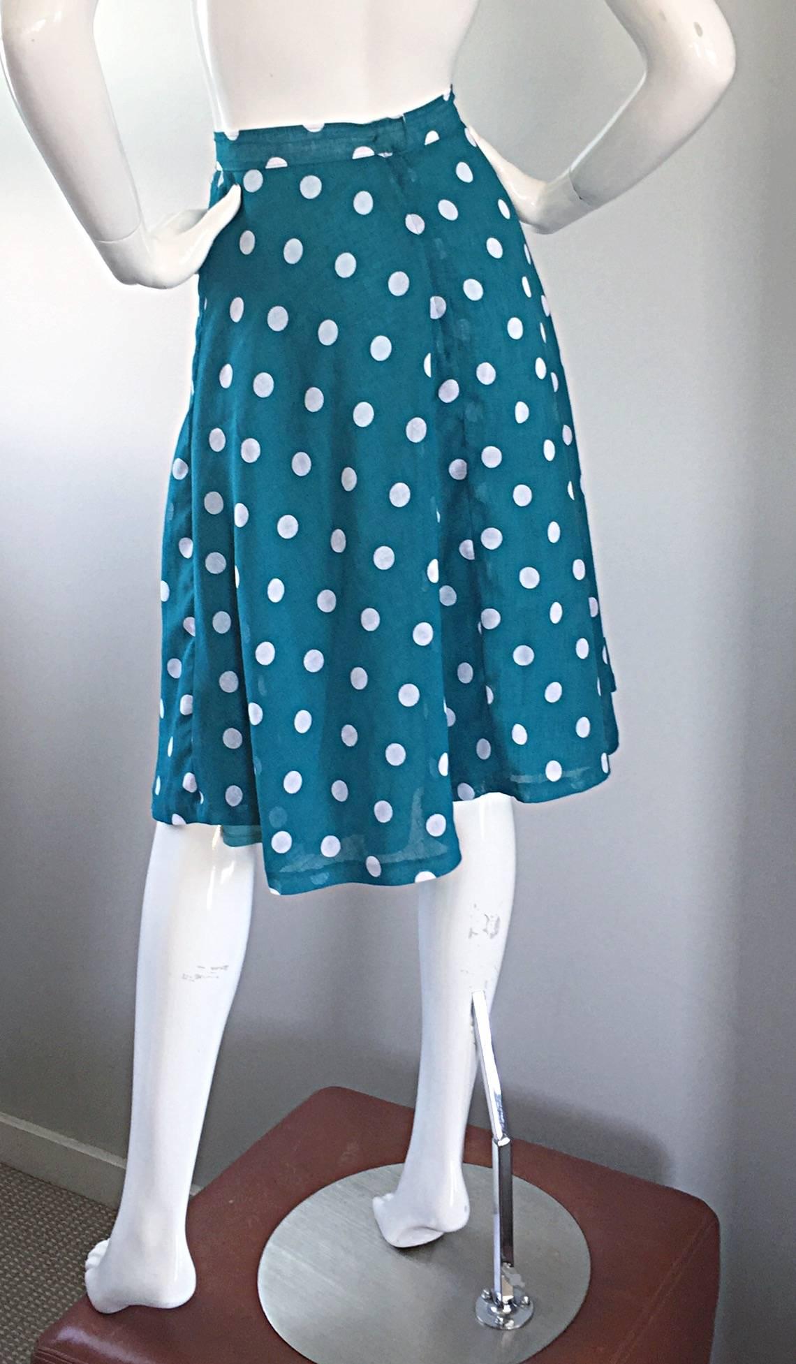 Women's 1950s Turquoise Blue + White Polka Dot Full Vintage 50s Cotton Voile Skirt  For Sale