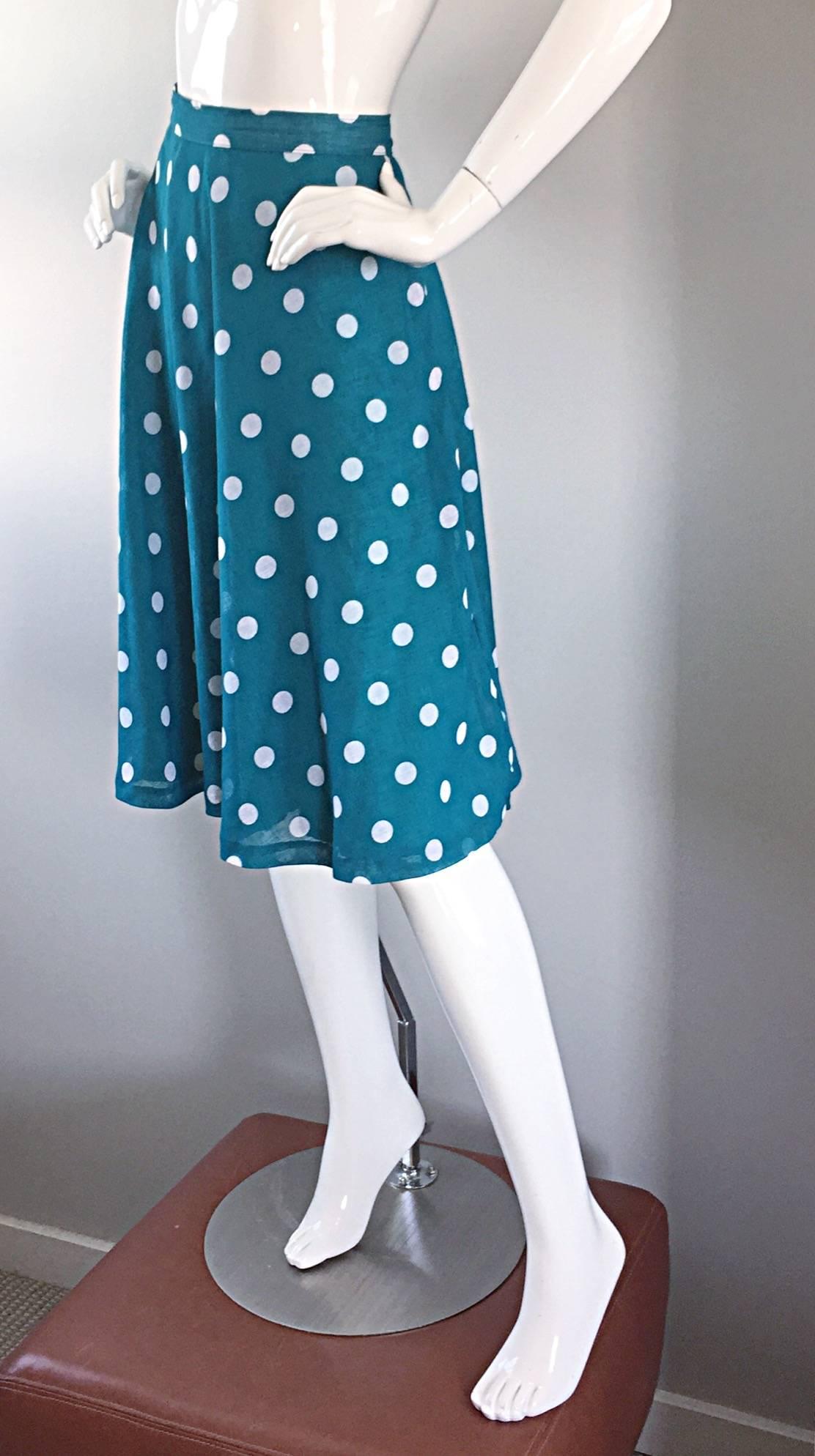 1950s Turquoise Blue + White Polka Dot Full Vintage 50s Cotton Voile Skirt  In Excellent Condition For Sale In San Diego, CA