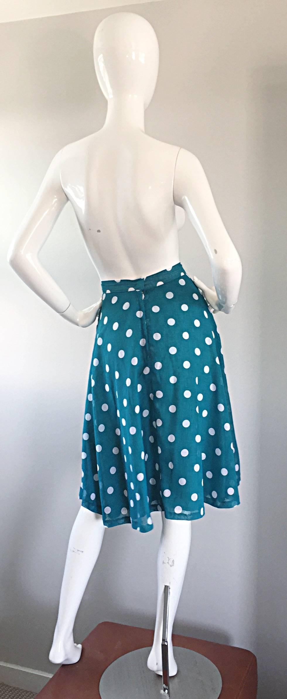 1950s Turquoise Blue + White Polka Dot Full Vintage 50s Cotton Voile Skirt  For Sale 1