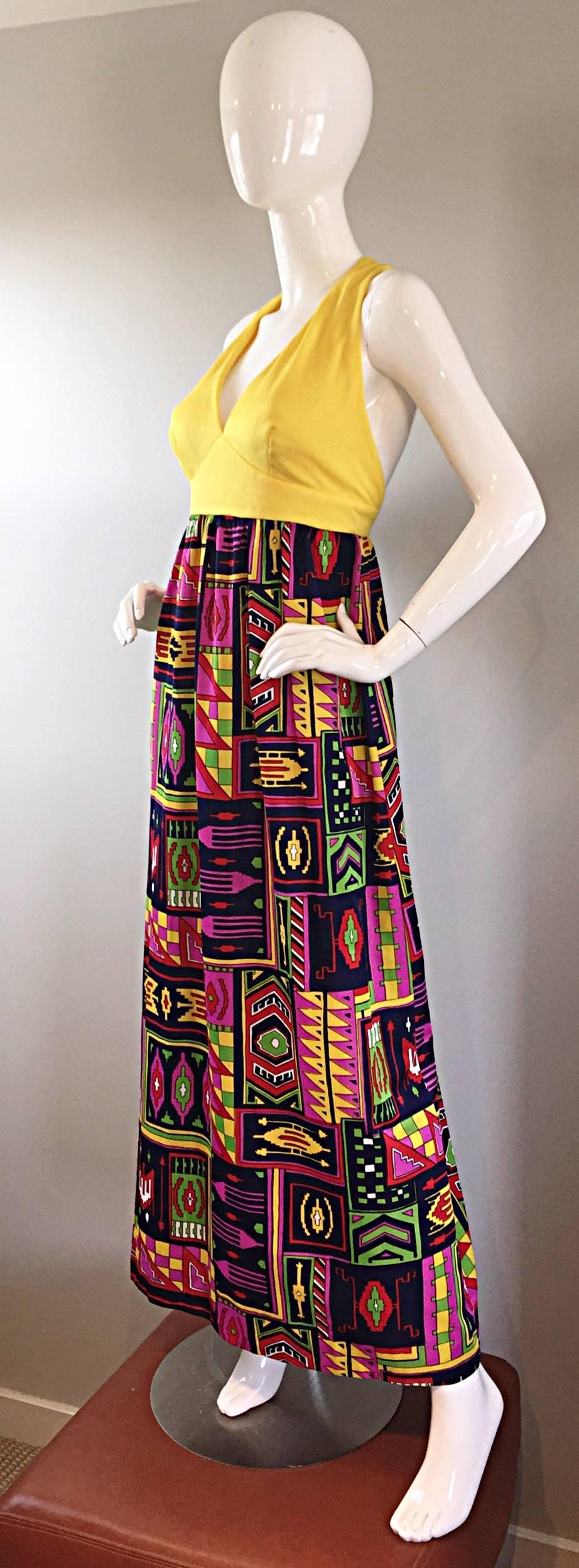Women's Incredible 1970s Kelly Arden Colorful Yellow Vintage Maxi Dress + Fringed Shawl