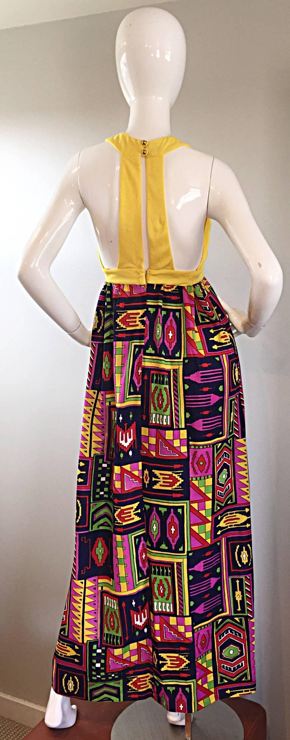 Incredible 1970s Kelly Arden Colorful Yellow Vintage Maxi Dress + Fringed Shawl In Excellent Condition In San Diego, CA