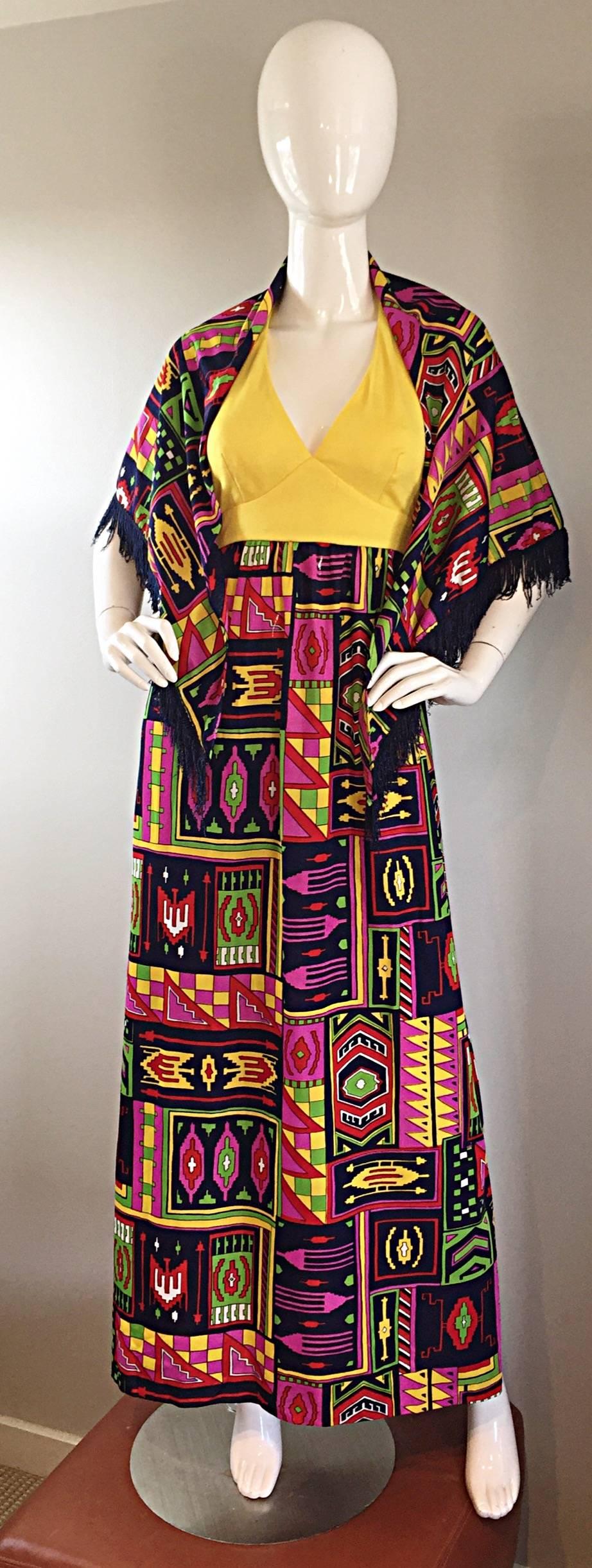 Incredible 1970s Kelly Arden Colorful Yellow Vintage Maxi Dress + Fringed Shawl 4