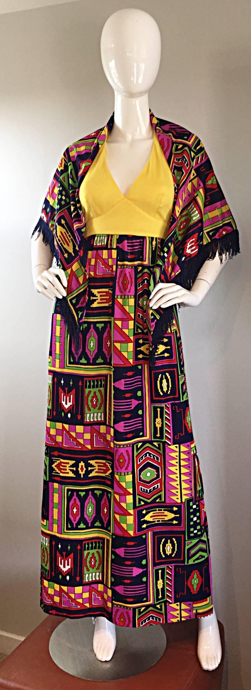 Beige Incredible 1970s Kelly Arden Colorful Yellow Vintage Maxi Dress + Fringed Shawl