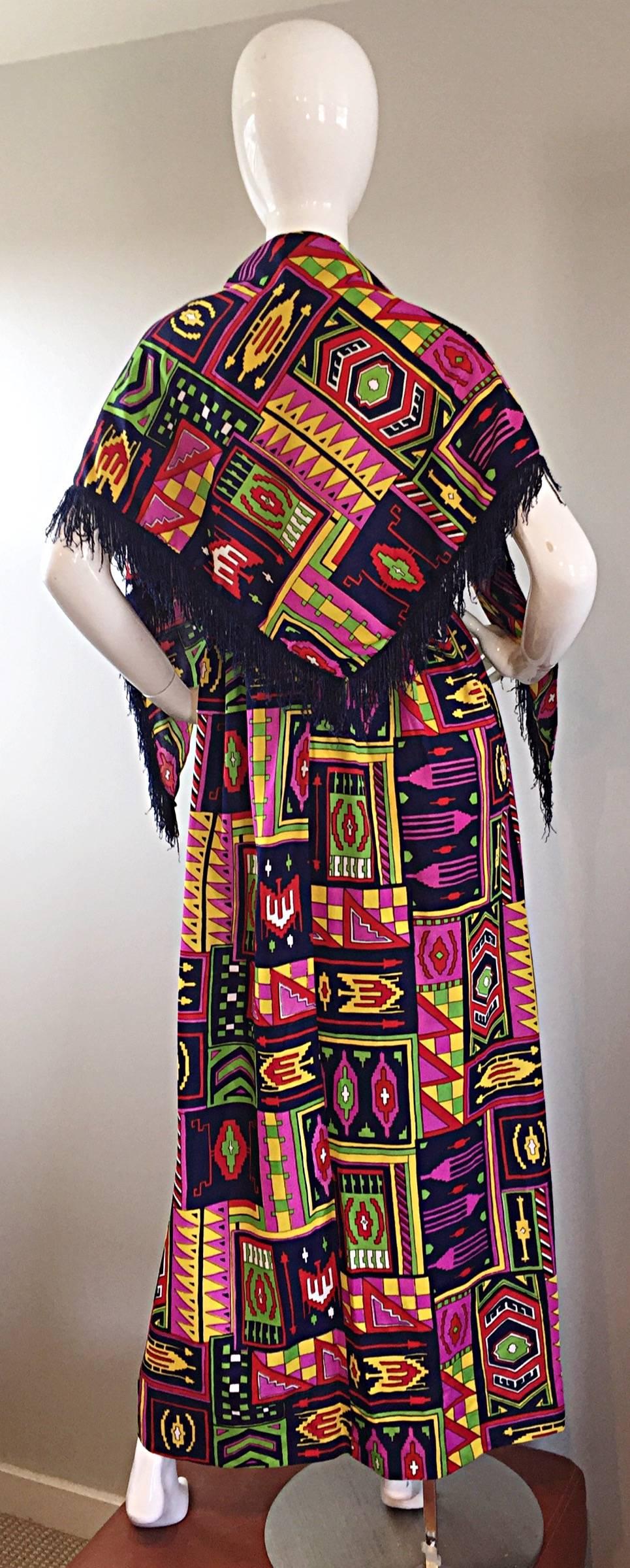 Incredible 1970s Kelly Arden Colorful Yellow Vintage Maxi Dress + Fringed Shawl 1
