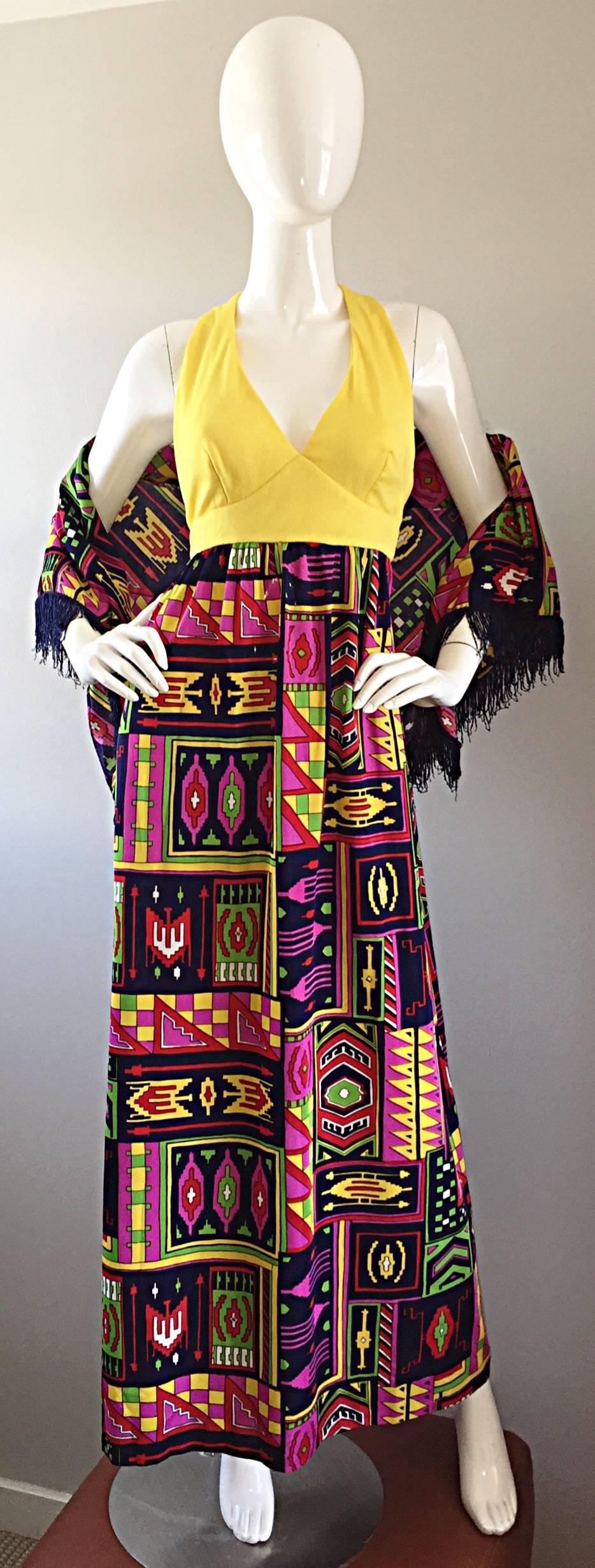 Incredible 1970s Kelly Arden Colorful Yellow Vintage Maxi Dress + Fringed Shawl 2