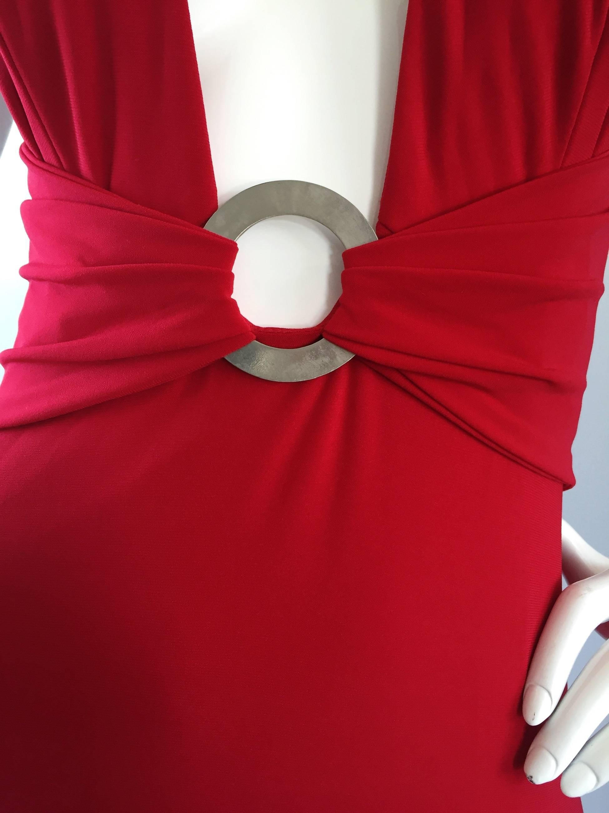 Amazing Vintage Lillie Rubin Lipstick Red Sexy ' Plunging ' Jersey Gown / Dress In Excellent Condition In San Diego, CA