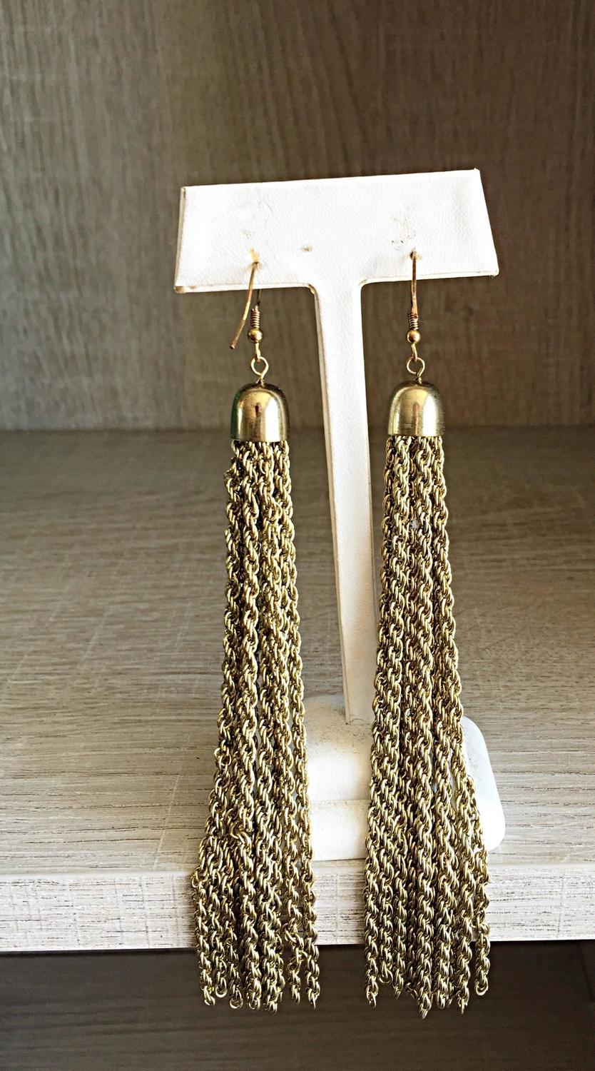 1970s 70s Vintage Tassel Gold Brushed Brass Long Disco Chain Earrings