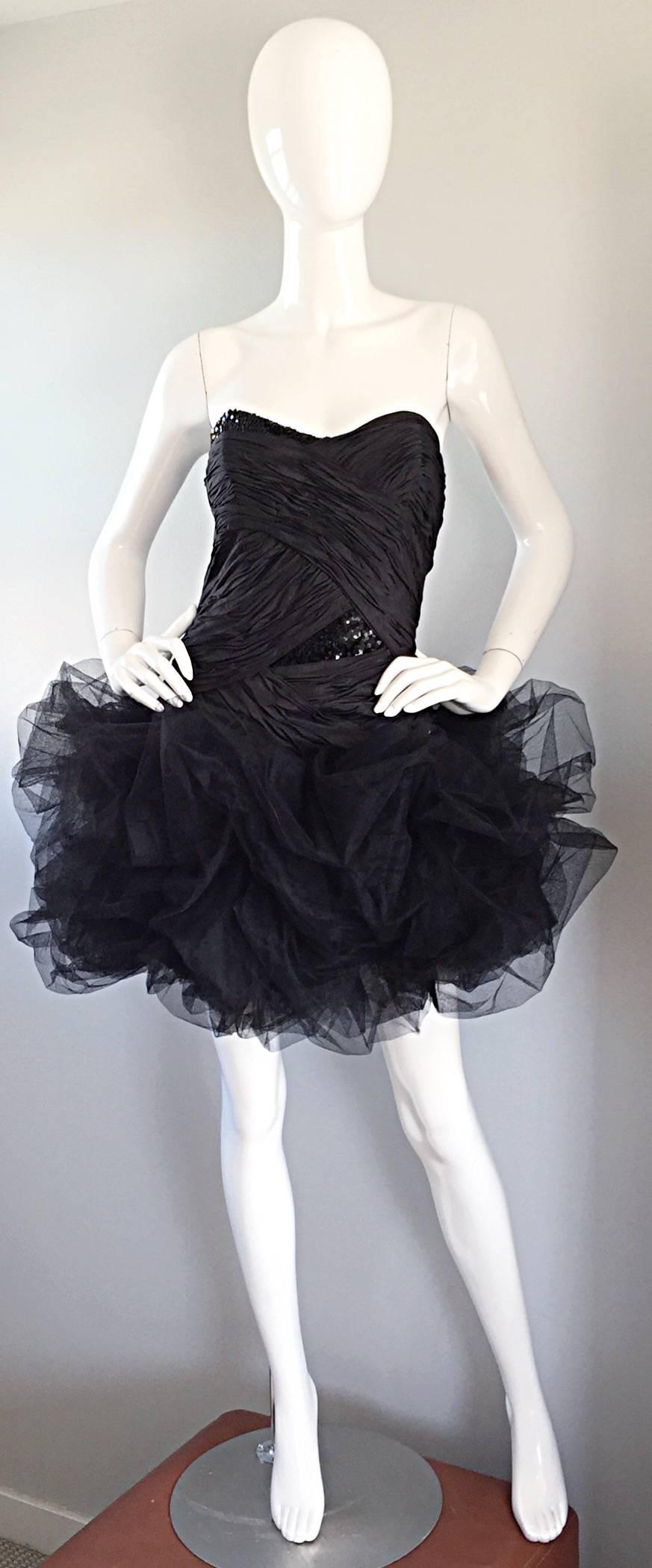 Sensational vintage 1980s PAUL-LOUIS ORRIER COUTURE black silk taffeta strapless 'pouf' dress! Flattering hand-pleated bodice, with a section of black sequins at waist and side bust. Layers and layers of black tulle on the skirt make an amazing