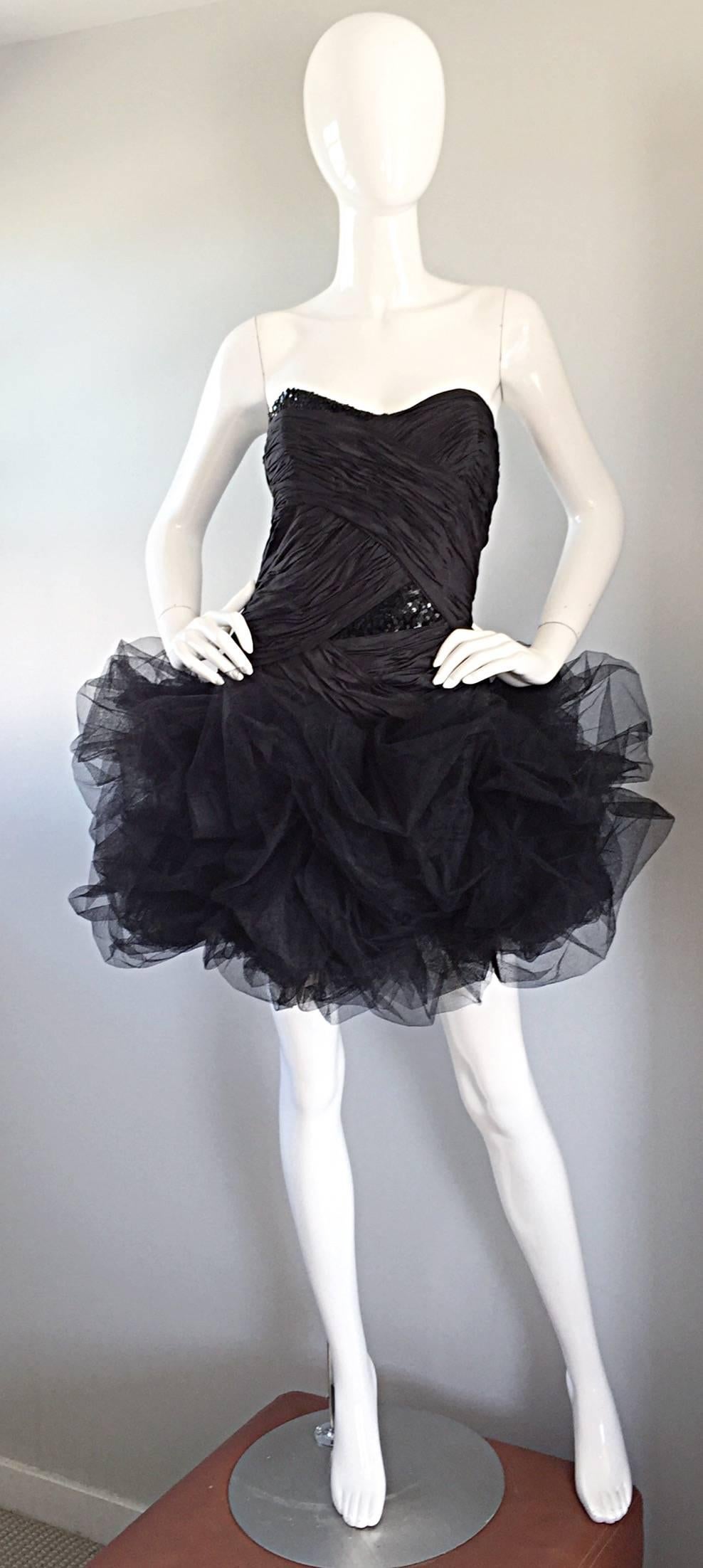 Sensational Vintage 80’s Paul Louis Orrier Paris Black Silk Sequin Pouf Dress For Sale 4