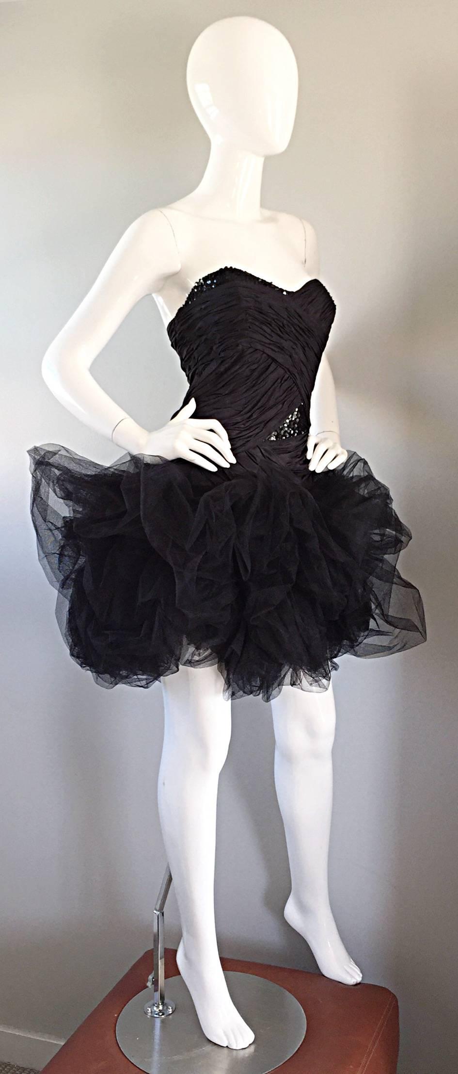 Sensational Vintage 80’s Paul Louis Orrier Paris Black Silk Sequin Pouf Dress For Sale 1