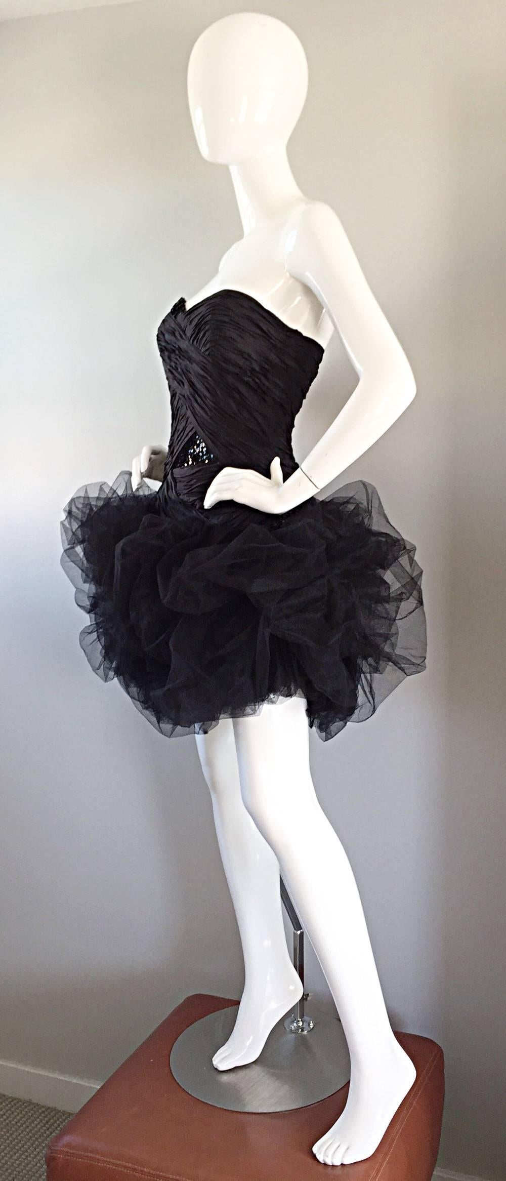 Sensational Vintage 80’s Paul Louis Orrier Paris Black Silk Sequin Pouf Dress In Excellent Condition For Sale In San Diego, CA