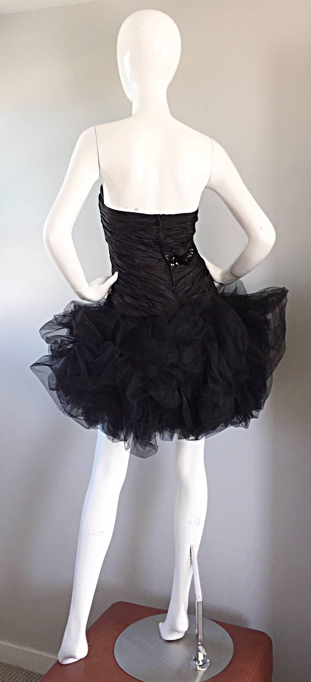 Sensational Vintage 80’s Paul Louis Orrier Paris Black Silk Sequin Pouf Dress For Sale 2