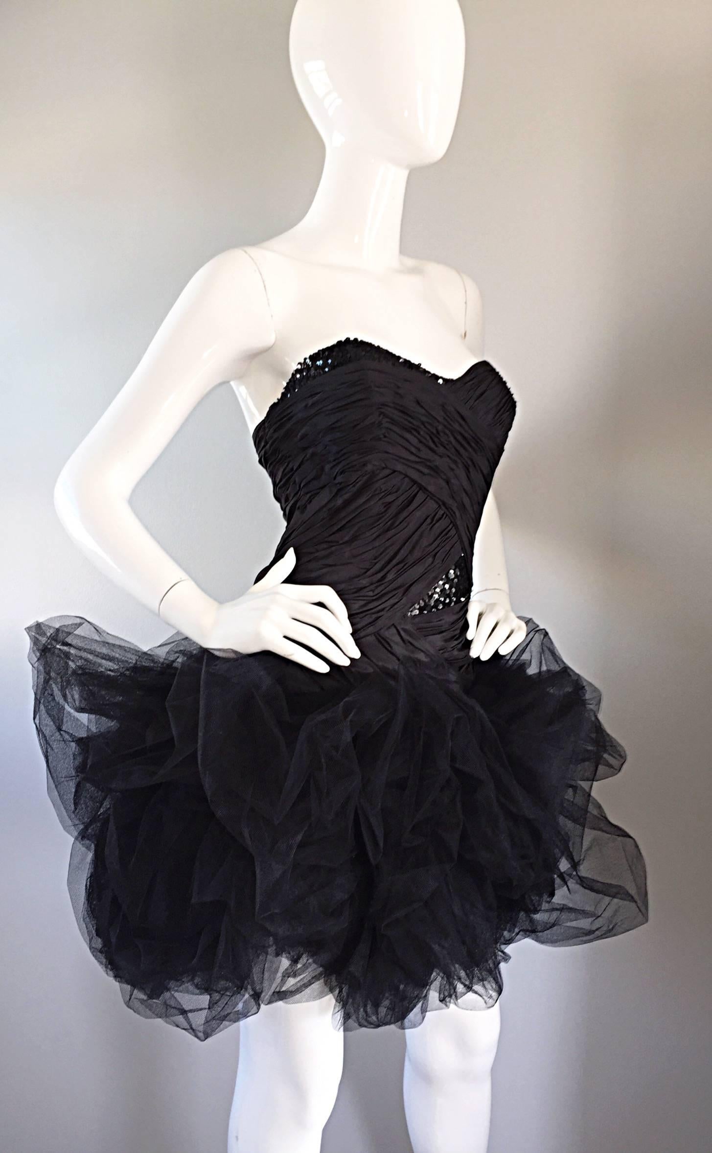 Sensational Vintage 80’s Paul Louis Orrier Paris Black Silk Sequin Pouf Dress For Sale 3