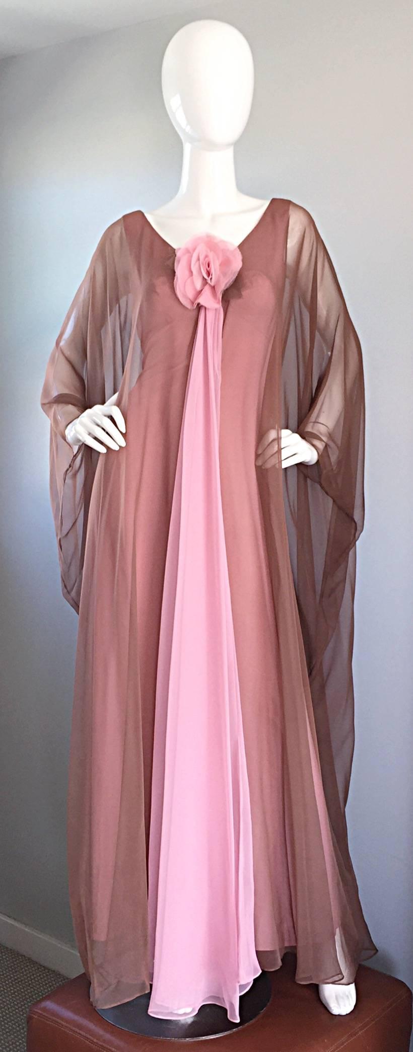 Incredible vintage ESTEVEZ pink and light brown chiffon caftan / kaftan maxi dress! Vibrant pink with an attached light brown chiffon caftan attached. The mixture of the pink and light brown form a glorious dusty rose color...STUNNING in person!