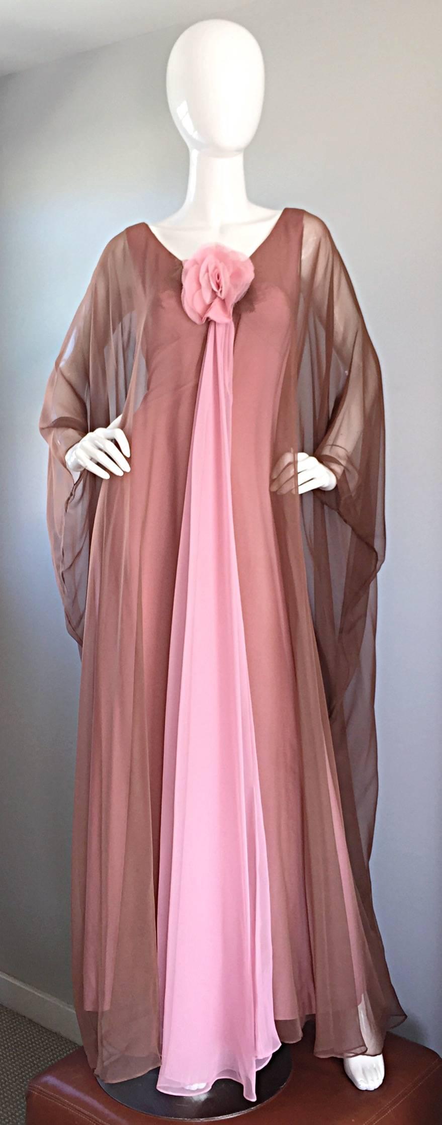 1970s Estevez Pink + Nude Brown 70s Vintage Boho Chiffon Caftan Dress w/ Flower 5