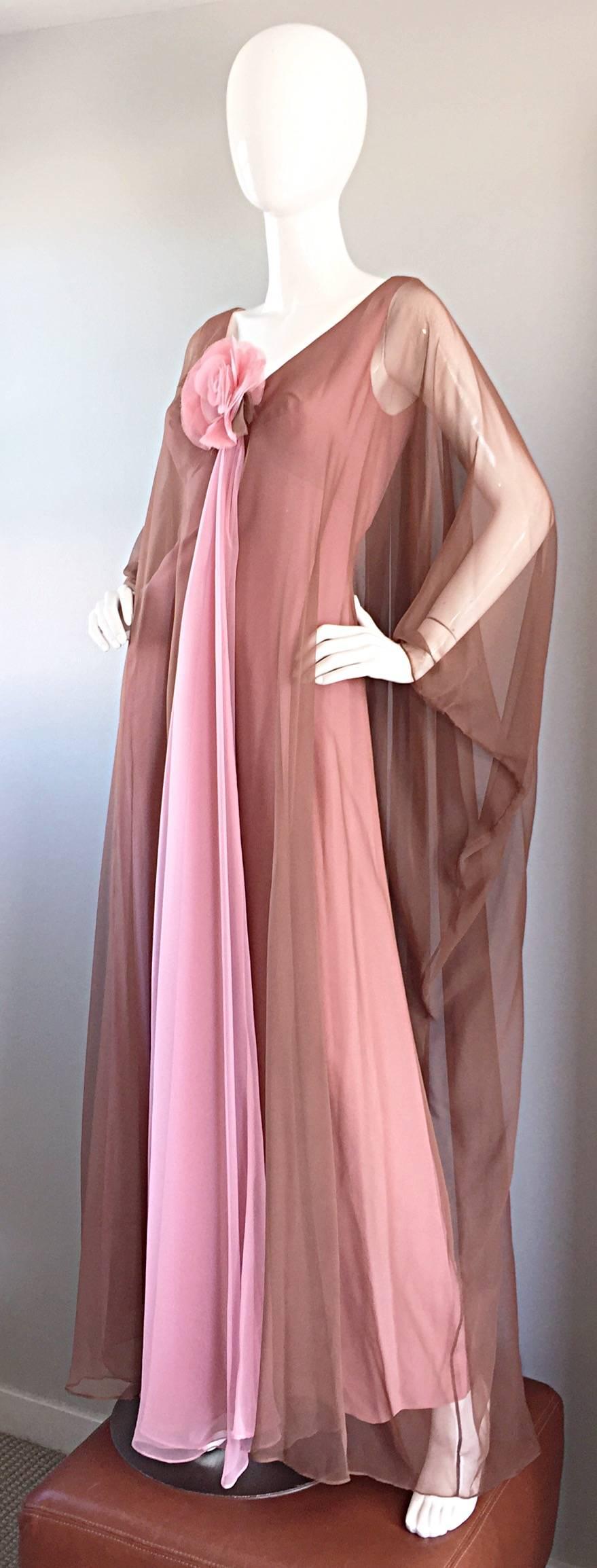 1970s Estevez Pink + Nude Brown 70s Vintage Boho Chiffon Caftan Dress w/ Flower In Excellent Condition In San Diego, CA