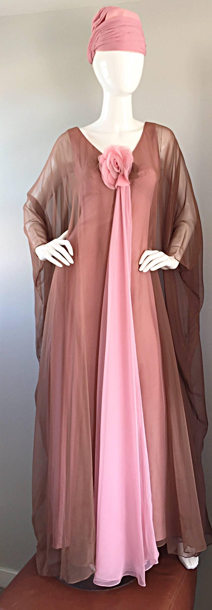1970s Estevez Pink + Nude Brown 70s Vintage Boho Chiffon Caftan Dress w/ Flower 1