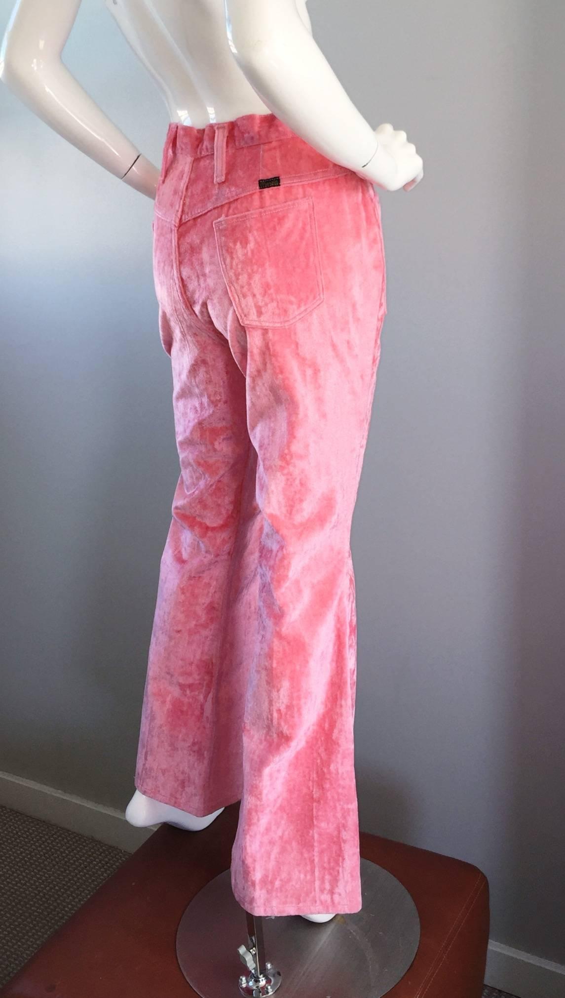 Rare 1970s Wranglers Pink Velvet High Waisted Wide Leg Size 12 / 14 Bell Bottoms 2