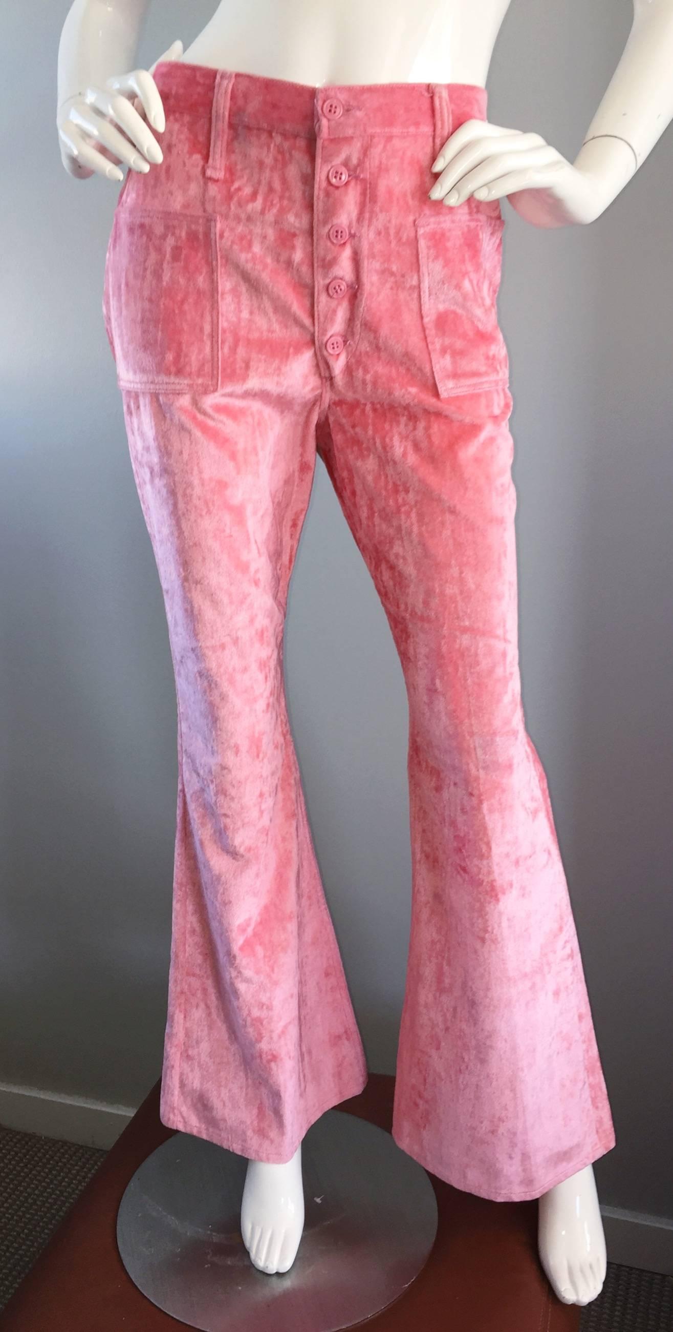 pink velvet bell bottom pants