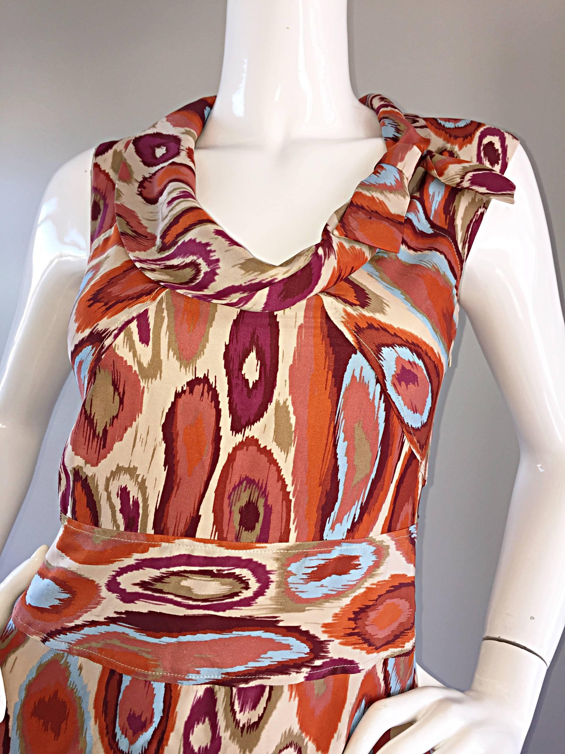 Marron Cacharel - Robe en soie imprimée Ikat, neuve avec étiquette, style chic, années 1960  en vente