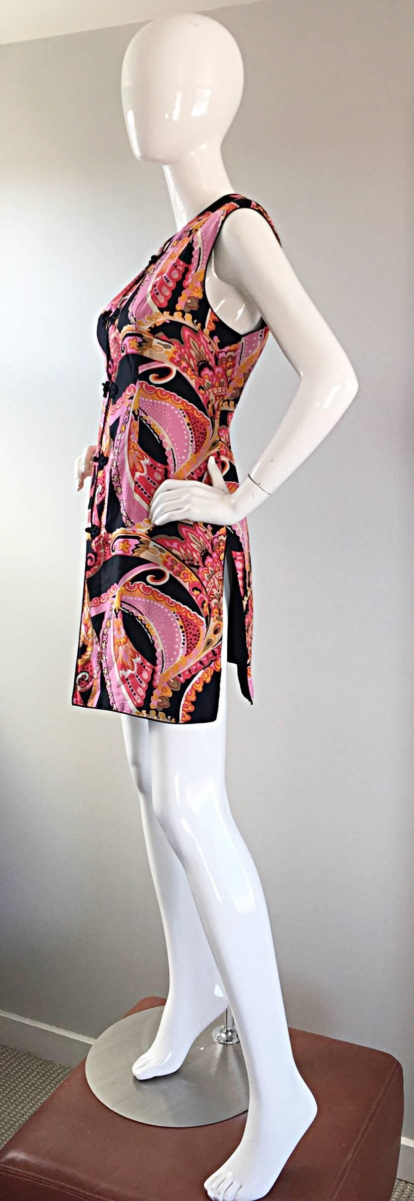 1960s 60s Psychedelic Asian Themed Colorful Mod Long Silk Vest or Mini Dress  2