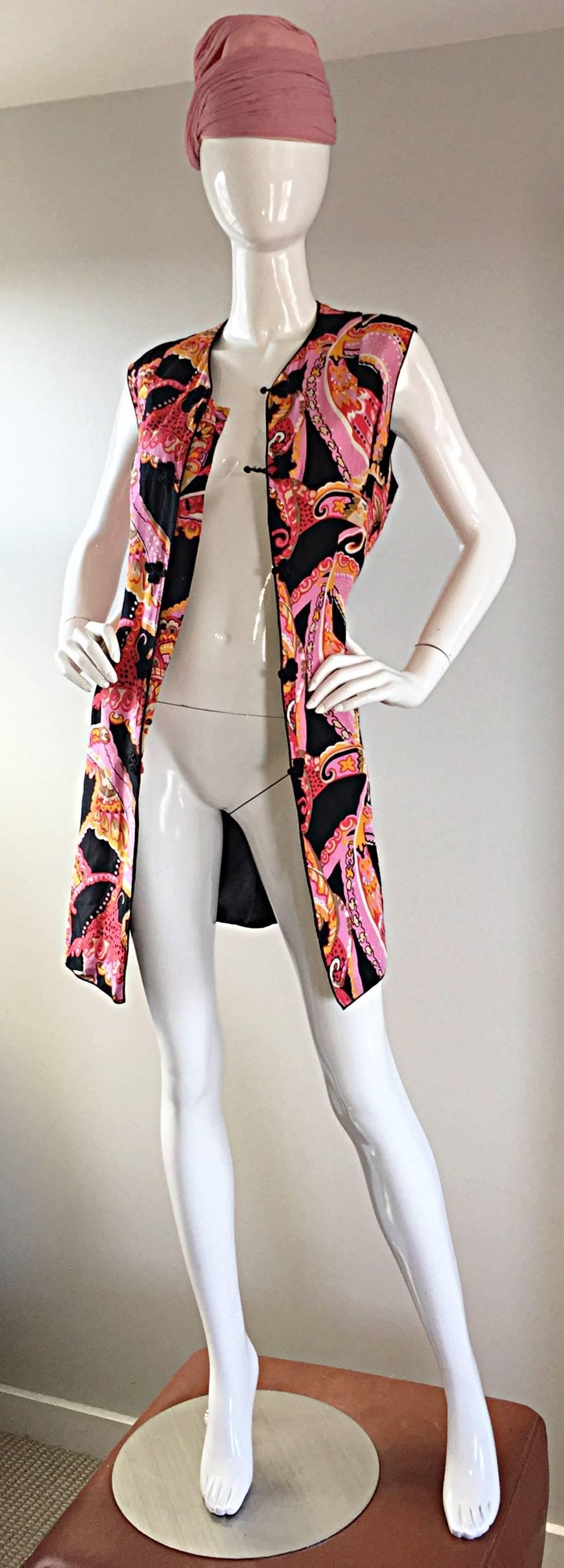 1960s 60s Psychedelic Asian Themed Colorful Mod Long Silk Vest or Mini Dress  In Excellent Condition In San Diego, CA